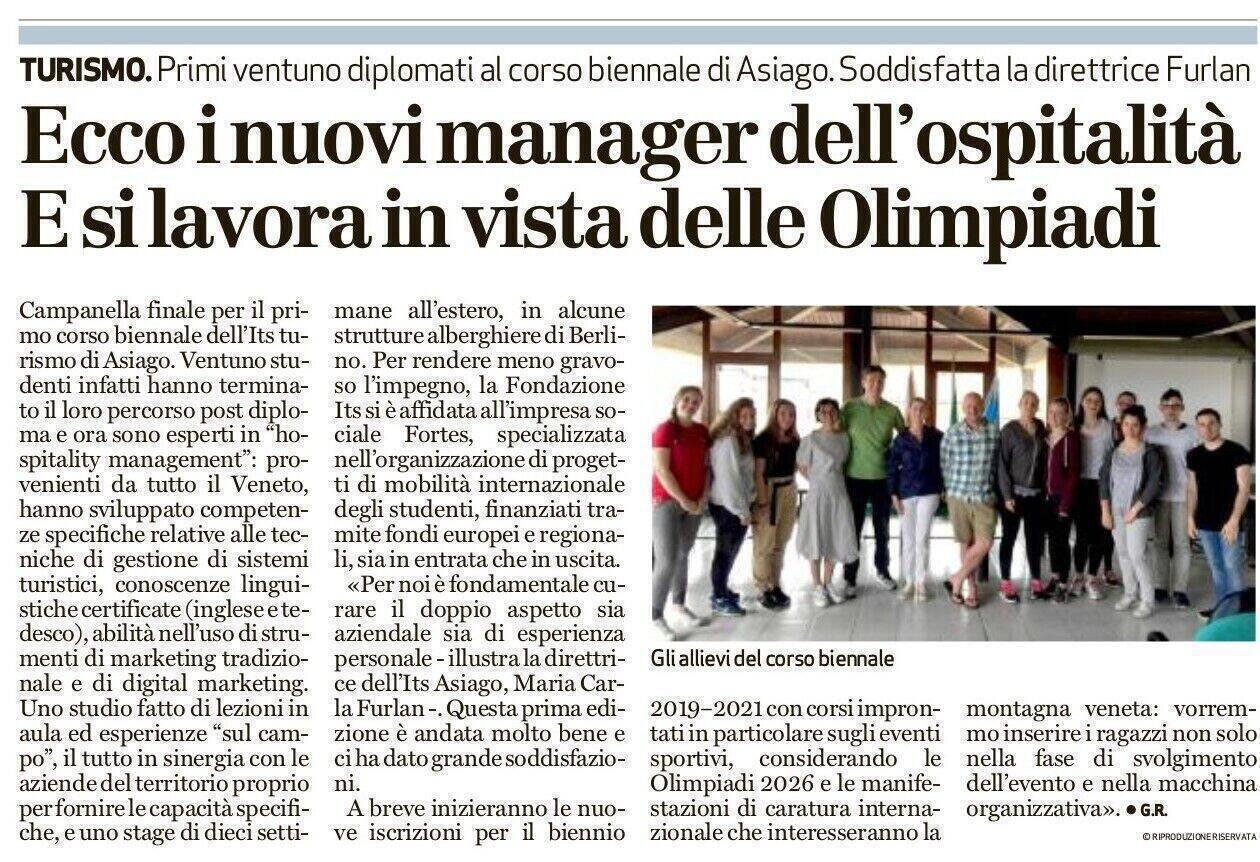 Il Giornale di Vicenza: Ecco i nuovi manager dell'ospitalità. E si lavora in vista delle Olimpiadi