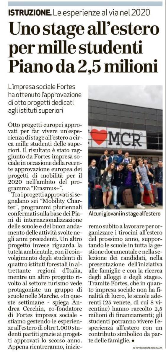 Il Giornale di Vicenza: Uno stage all'estero per mille studenti. Piano da 2,5 milioni