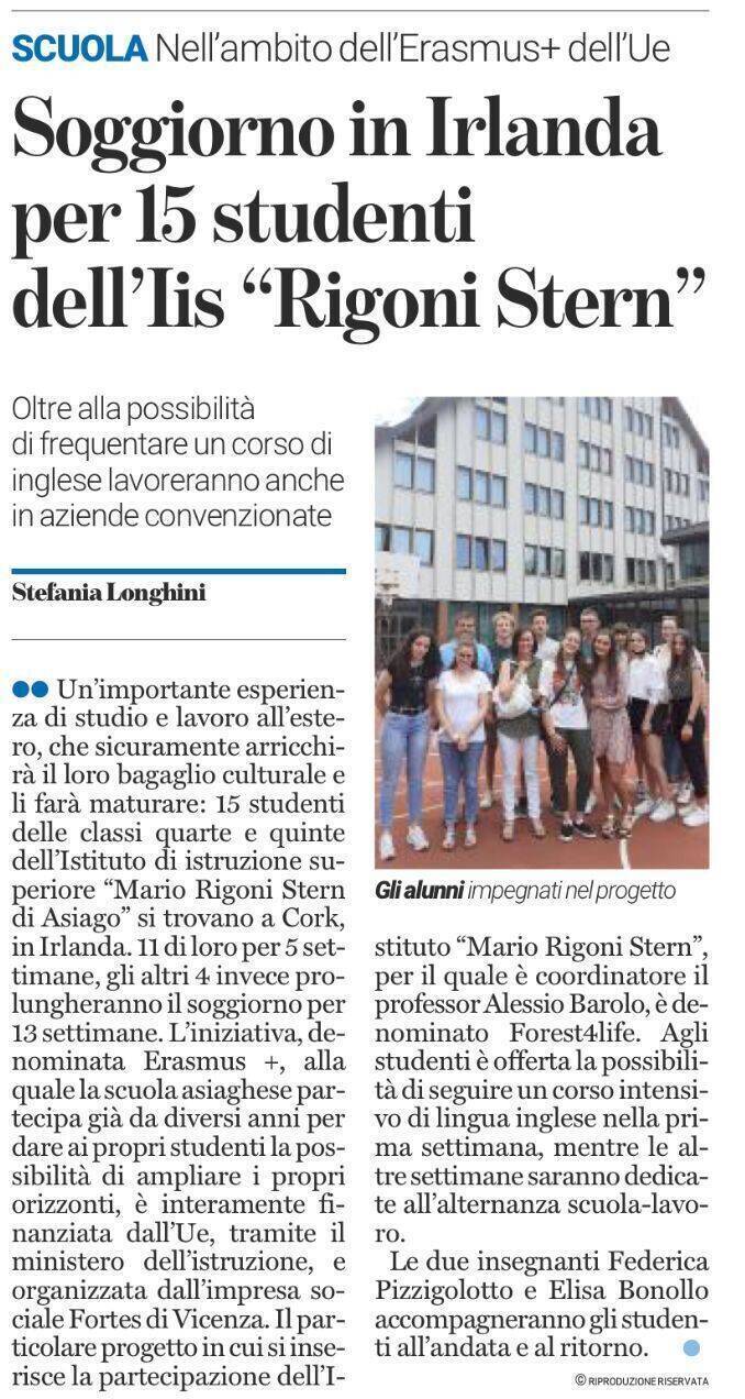 Il Giornale di Vicenza: Soggiorno in Irlanda per 15 studenti del'Iis "Rigoni Stern"