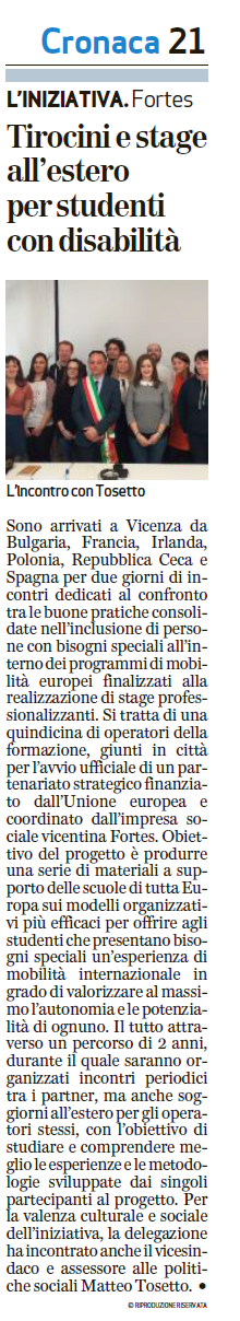 Il Giornale di Vicenza: Tirocini e stage all'estero per studenti con disabilità