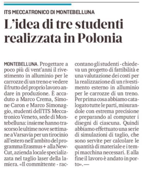 La Tribuna di Treviso: L'idea di tre studenti realizzata in Polonia